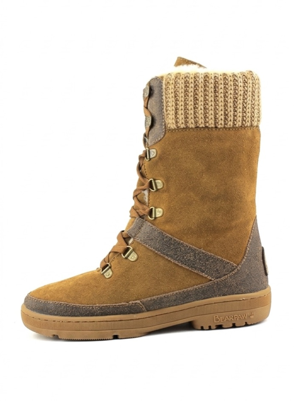 BEARPAW Serena Suede Boots Size 6 Lace-Up Wool Blend Lining, Knit Collar 1813W